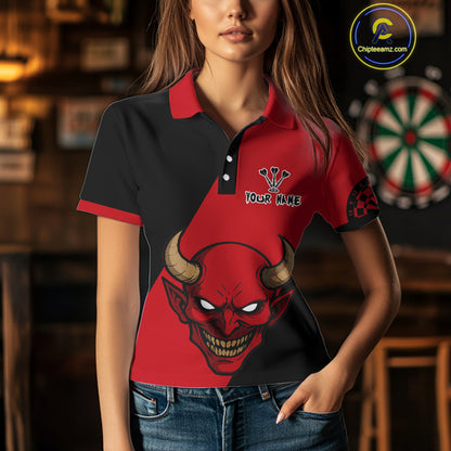 Red Evil Horned Skull Funny Darts Shirt For Women - Customizable Name & Team NYN0396