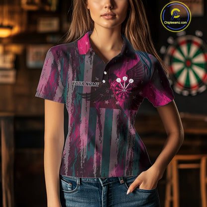American Flag Eagle Dartboard Women's Darts Shirt Custom Name & Team | Opt2 - Pink NYN0660