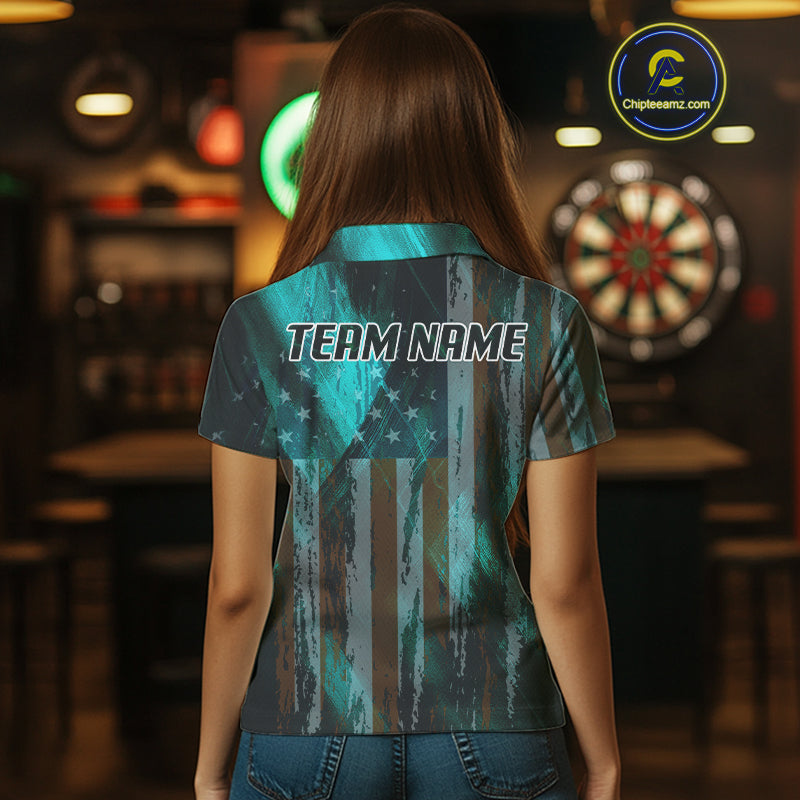 American Flag Eagle Dartboard Women's Darts Shirt Custom Name & Team | Opt3 - Turquoise NYN0661