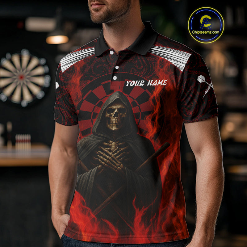 Red Dartboard Flaming The Reaper Darts Shirt For Men - Customizable Name & Team NYN0405