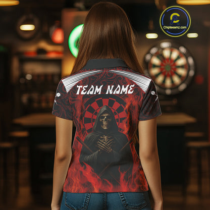 Red Dartboard Flaming The Reaper Darts Shirt For Women - Customizable Name & Team NYN0405