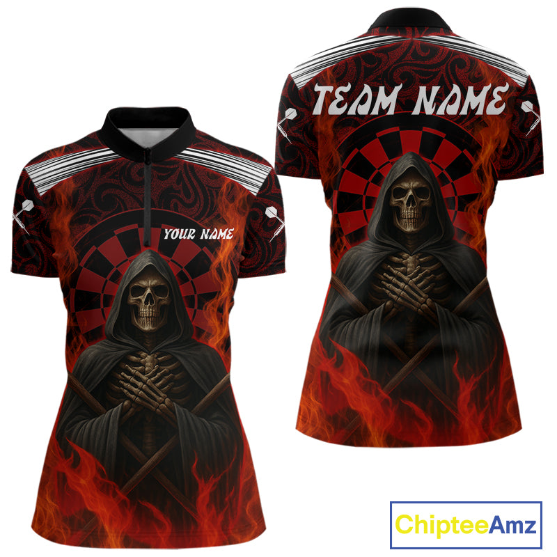 Red Dartboard Flaming The Reaper Darts Shirt For Women - Customizable Name & Team NYN0405