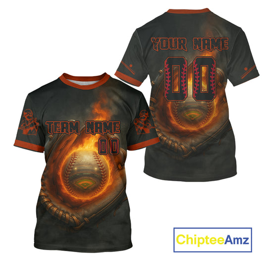 Men's 3D Baseball T-Shirt Personalized Catching Flame Ball For Baseball Fans NYN0895