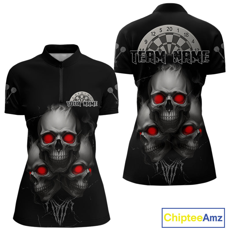 Custom Black And Red Skulls Silver Dartboard Darts Shirt For Women Outfit Dart 1/4-Zip Jerseys NYN0897