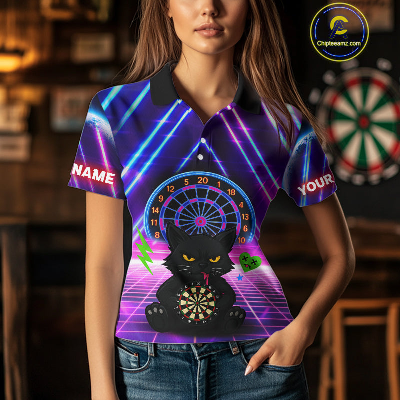 Dark Cat & Neon Electric Women's Darts Shirt - Custom Name For Dart Players NYN0416