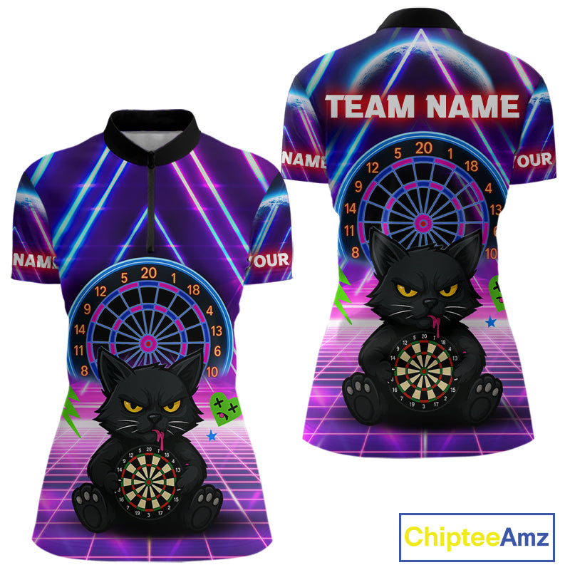Dark Cat & Neon Electric Women's Darts Shirt - Custom Name For Dart Players NYN0416