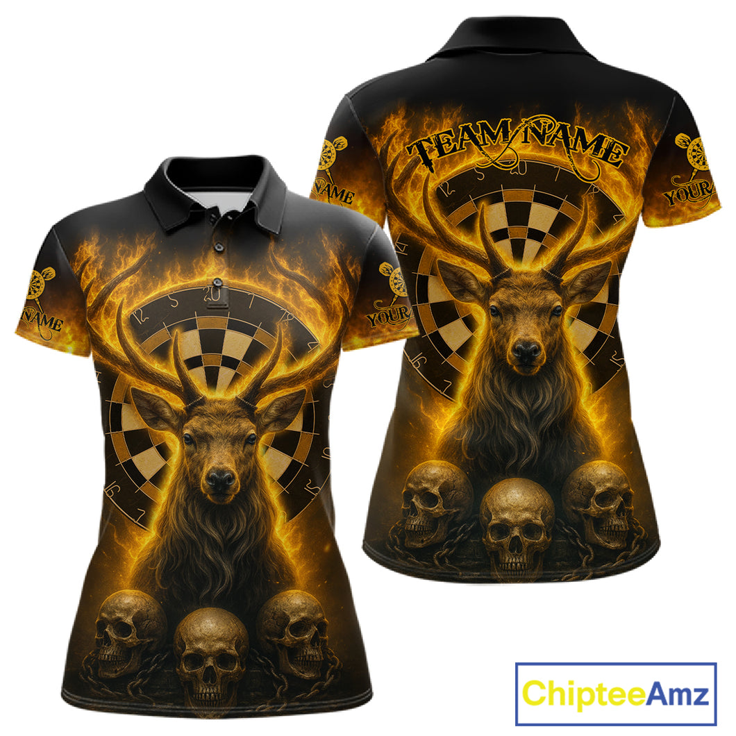 Custom Yellow Flames Deer Dartboard Polo Dart Shirt Flame Skull Dart Jersey For Women NYN1314