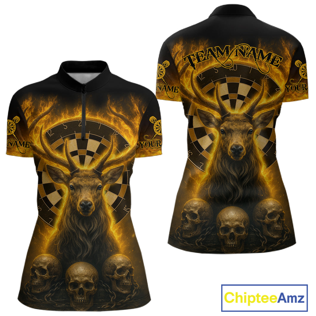 Custom Yellow Flames Deer Dartboard 1/4-Zip Dart Shirt Flame Skull Dart Jersey For Women NYN1314