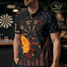 Load image into Gallery viewer, Custom Flame Butterflies Patriotic Polo Dart Shirt USA Flag Dartboard Dart Jersey For Men NYN1315