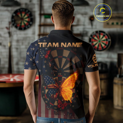 Custom Flame Butterflies Patriotic Polo Dart Shirt USA Flag Dartboard Dart Jersey For Men NYN1315