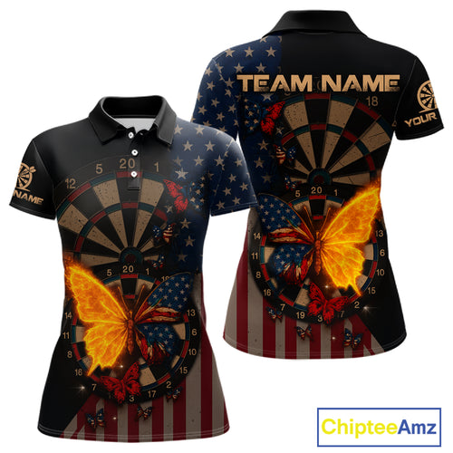 Custom Flame Butterflies Patriotic Polo Dart Shirt USA Flag Dartboard Dart Jersey For Women NYN1315