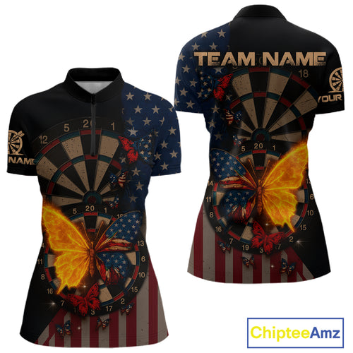 Custom Flame Butterflies Patriotic Dart Shirt USA Flag Dartboard 1/4-Zip Dart Jersey For Women NYN1315
