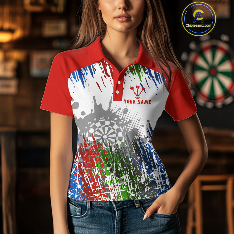 Dartboard Colorful Splashed Women's Darts Shirt - Custom Name For Players | Opt1 - Red NYN0683