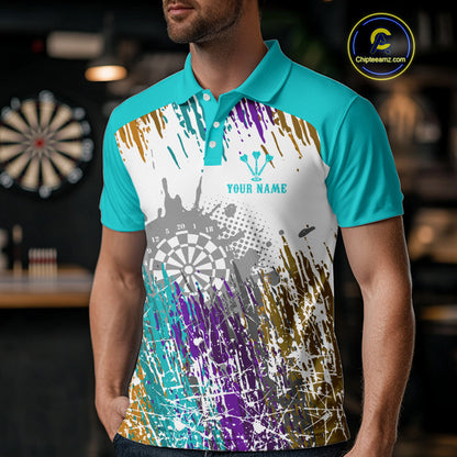 Dartboard Colorful Splashed Men's Darts Shirt - Custom Name For Players | Opt2 - Turquoise NYN0684