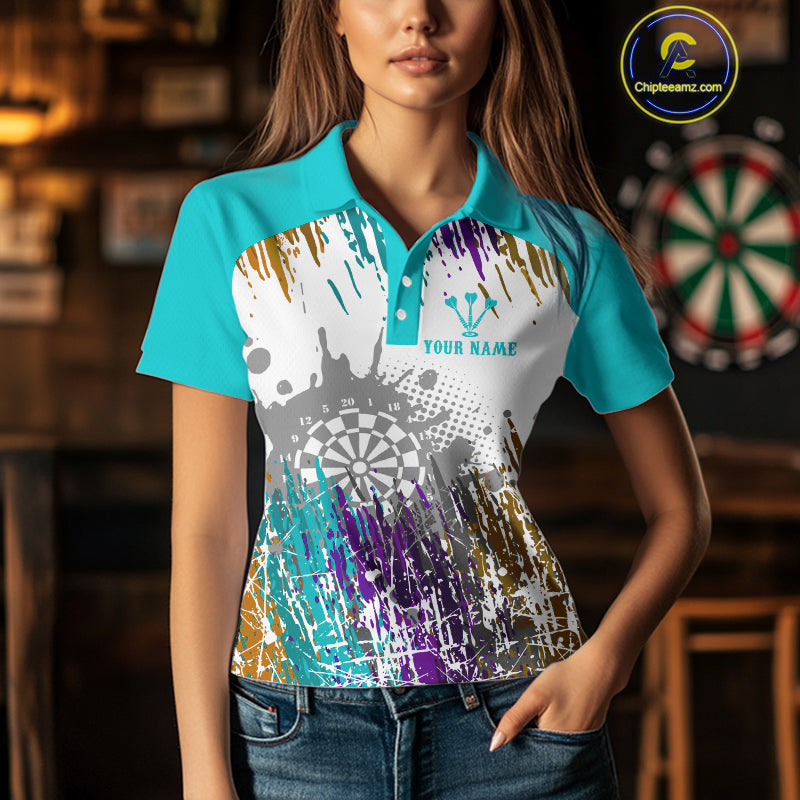 Dartboard Colorful Splashed Women's Darts Shirt - Custom Name For Players | Opt2 - Turquoise NYN0684