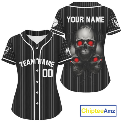 Custom Red And Grey Skull Baseball Jersey For Women Pinstripe Baseball Shirt Youth Outfit NYN0913
