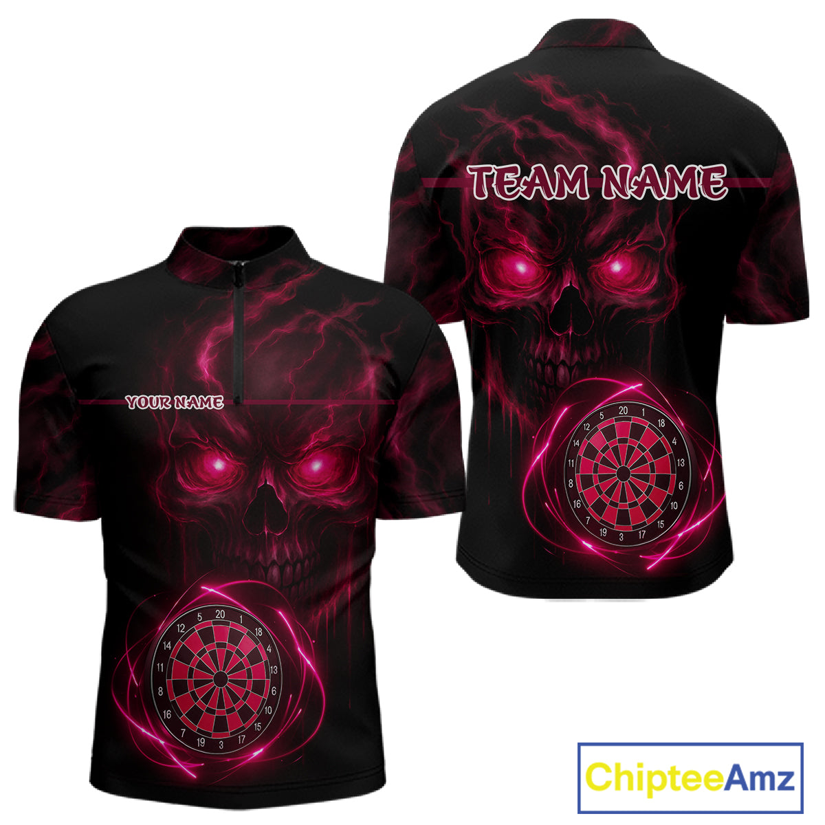 Custom Lightning Red Skull Dartboard 1/4-Zip Dart Shirt For Men Outfit Skull Dart Team Jerseys NYN0929
