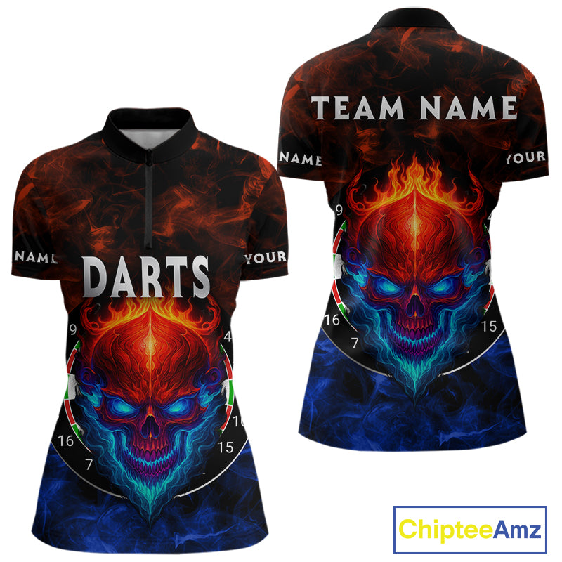 Flame Skull Dartboard Women's Darts Quarter-Zip Shirt - Custom Name For Players NYN0745