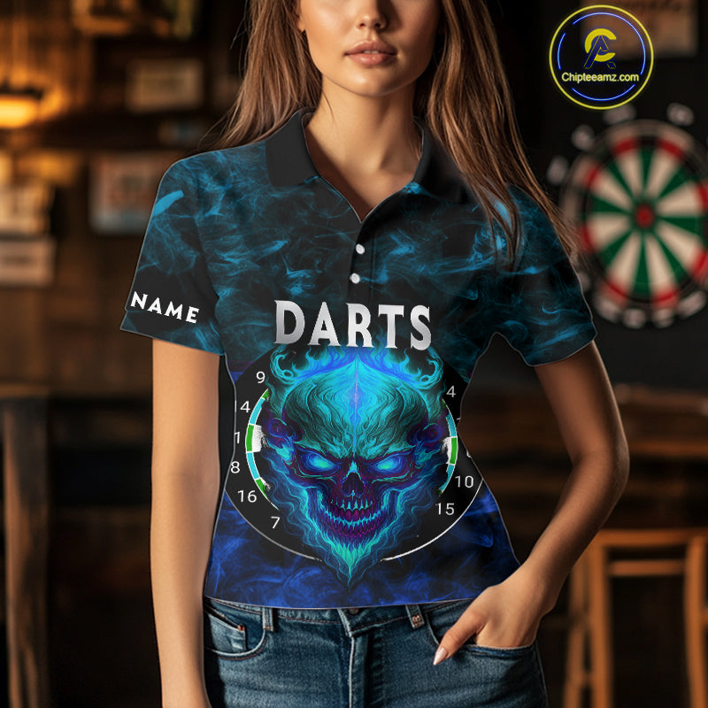 Flame Skull Dartboard Women's Darts Polo Shirt - Custom Name For Players NYN0746