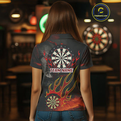 Flaming Dartboard Grunge Custom Red Dart Polo Shirts For Women, Dart Team Jerseys NYN0793