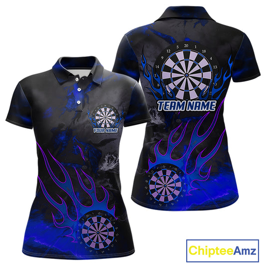Flaming Dartboard Grunge Custom Blue Dart Polo Shirts For Women, Dart Team Jerseys NYN0795