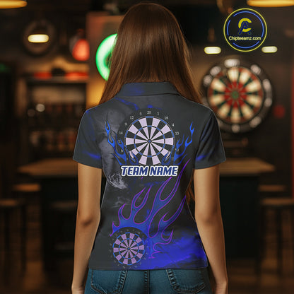 Flaming Dartboard Grunge Custom Blue Dart Polo Shirts For Women, Dart Team Jerseys NYN0795