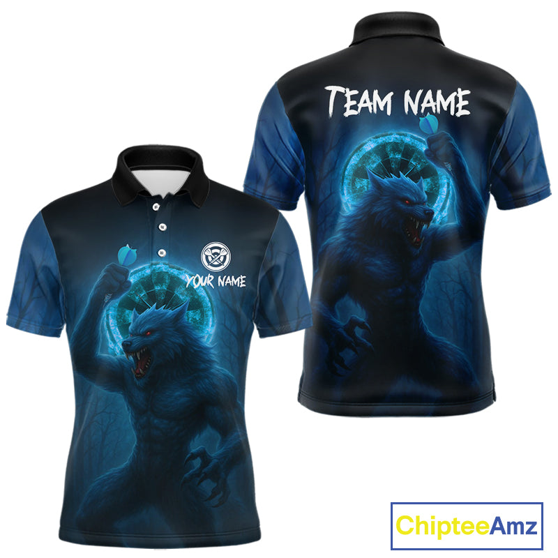 Men's Custom Dart Shirt With Blue Wolf, Red Eyes And Lightning Dartboard NYN0251