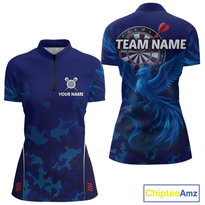 Women's Custom Darts Shirt With Cobalt Phoenix Camouflage Pattern And Dartboard NYN0263