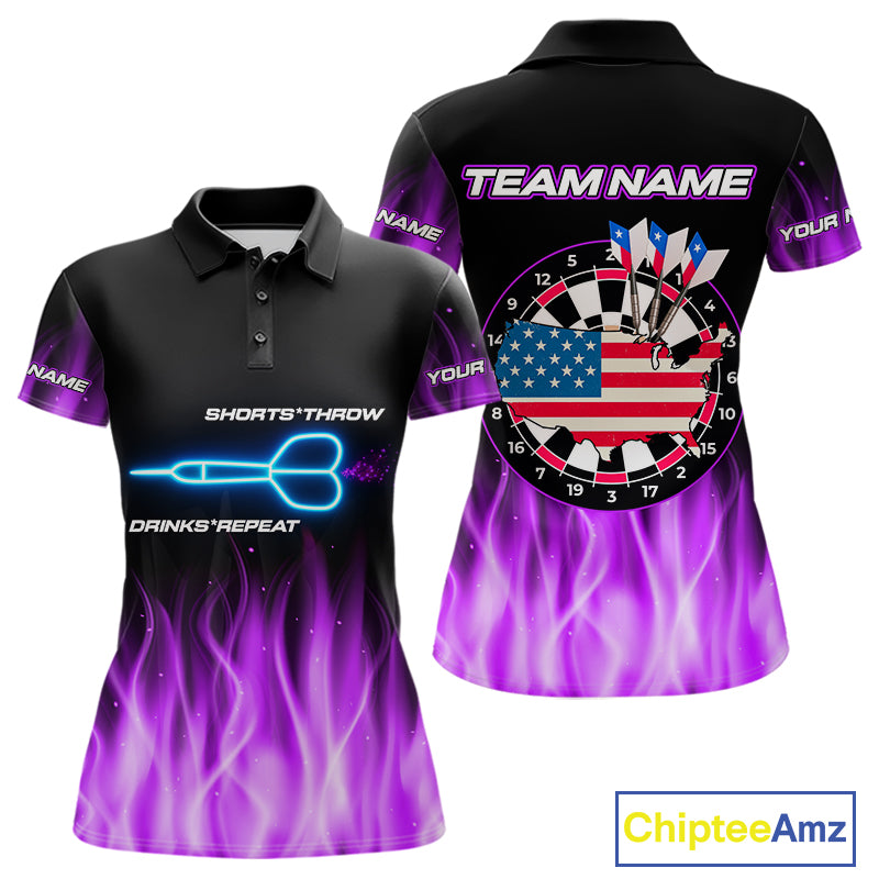 Custom Purple Flames Patriotic Dart Shirt For Women American Flag Dart Team Jerseys NYN1053