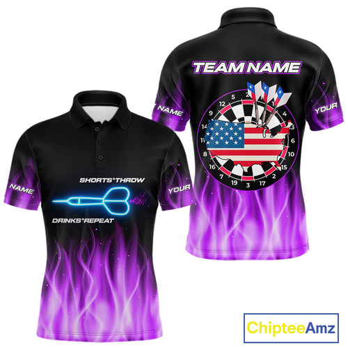 Custom Purple Flames Patriotic Dart Shirt For Men American Flag Dart Team Jerseys NYN1053