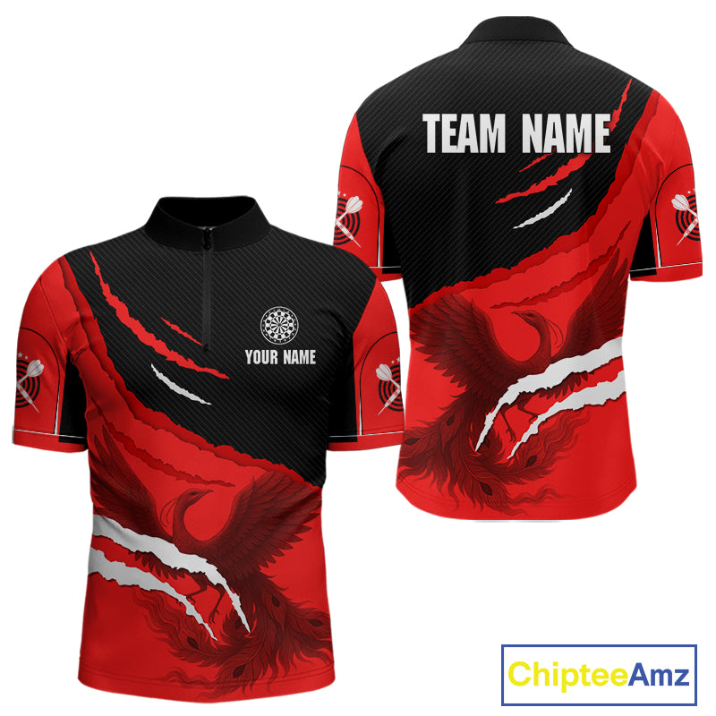 Custom Dart Team Shirt For Men With Crimson Phoenix On Black Linear Pattern NYN0277
