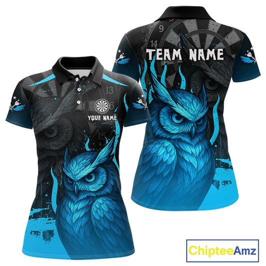 Women’s Darts Shirt With Navy Owl And Grunge Dartboard, Custom Name Option NYN0305