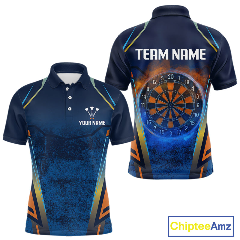 Men’s Custom Darts Team Shirt With Blue Grunge Texture And Fiery Dartboard NYN0312