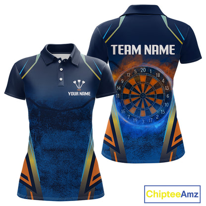 Women’s Custom Darts Team Shirt With Blue Grunge Texture And Fiery Dartboard NYN0312