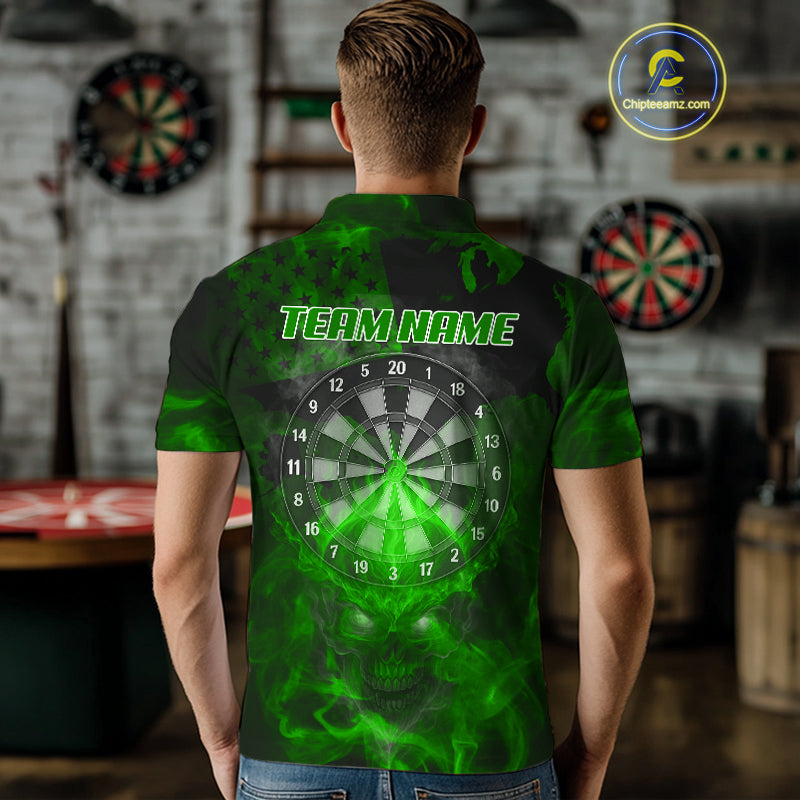 US Flag & Skull Custom Patriotic Green Dart Polo Shirts For Men, Dart Team Jerseys NYN0786