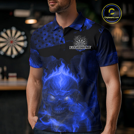 US Flag & Skull Custom Patriotic Blue Dart Polo Shirts For Men, Dart Team Jerseys NYN0787