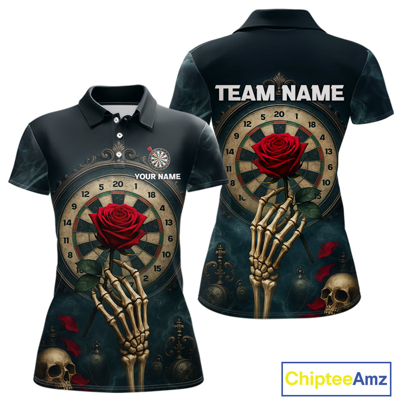 Custom Funny Skull Red Rose Women Dart Shirts Personalized Dart Team Jerseys, Dart Gifts NYN1169