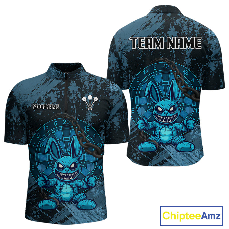 Crazy Rabbit Dartboard Arrows Grunge Darts Shirt For Men - Custom Name & Team | Opt1 - Blue NYN0628