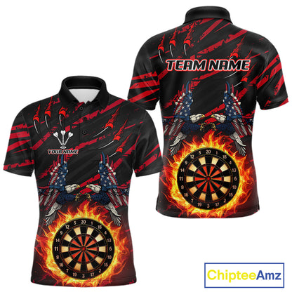 Flaming Darts & US Flag Eagle Men's Red Darts Polo Shirt - Custom Name For Dart Players NYN0802
