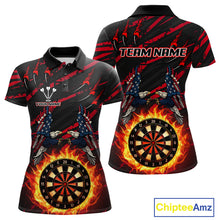 Load image into Gallery viewer, Flaming Darts &amp; US Flag Eagle Women's Red Darts Polo Shirt - Custom Name For Dart Players NYN0802