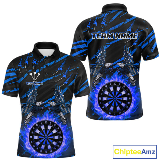 Flaming Darts & US Flag Eagle Men's Blue Darts Polo Shirt - Custom Name For Dart Players NYN0803