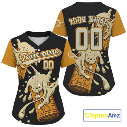 Funny Button Up Baseball Jersey For Women Custom Cheer Beers Baseball Fans Shirt NYN0860