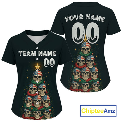 Custom US Flag Skull Christmas Baseball Shirt For Women Funny Skull Xmas Baseball Jerseys NYN1310