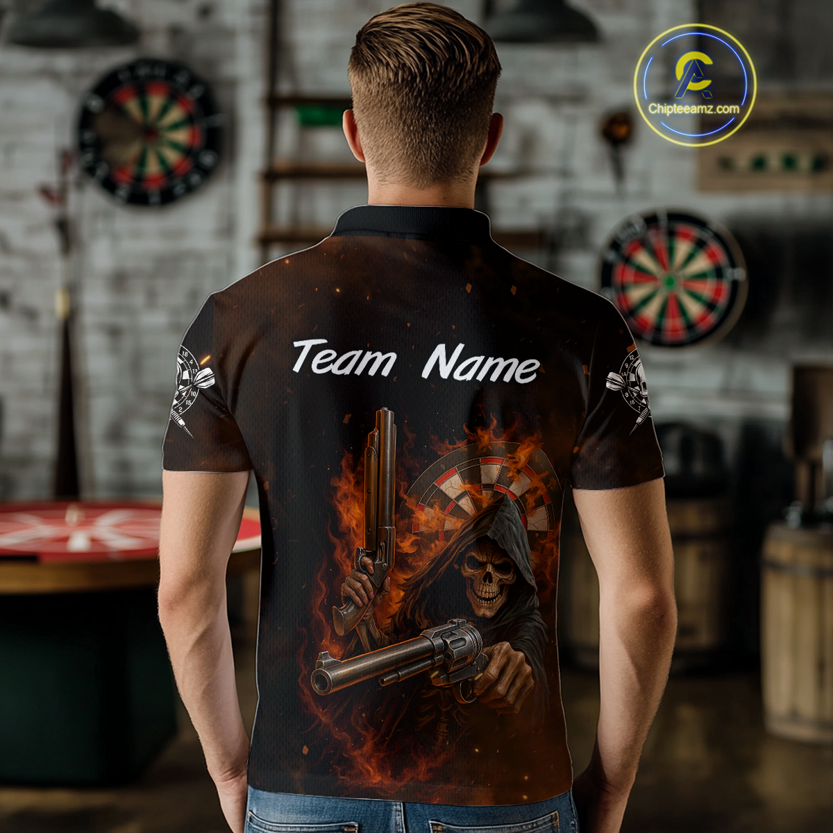 Flaming Grim Reaper Custom Name Darts Jersey For Men Skull Darts Shirt For Players NYN0447