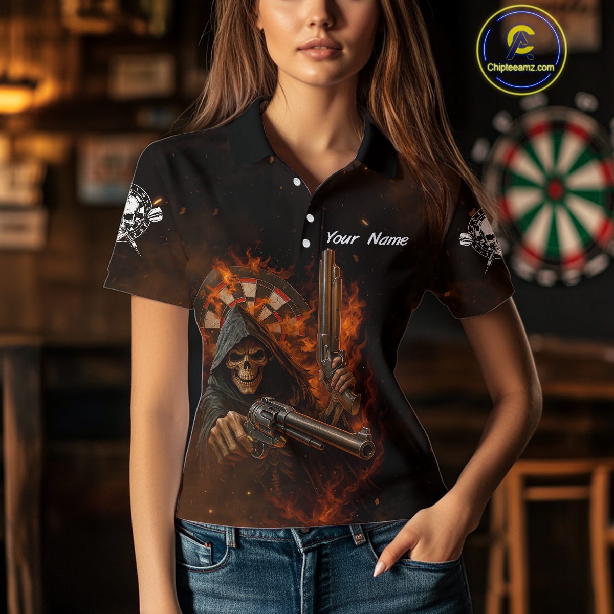 Flaming Grim Reaper Custom Name Darts Jersey For Women Skull Darts Shirt For Players NYN0447