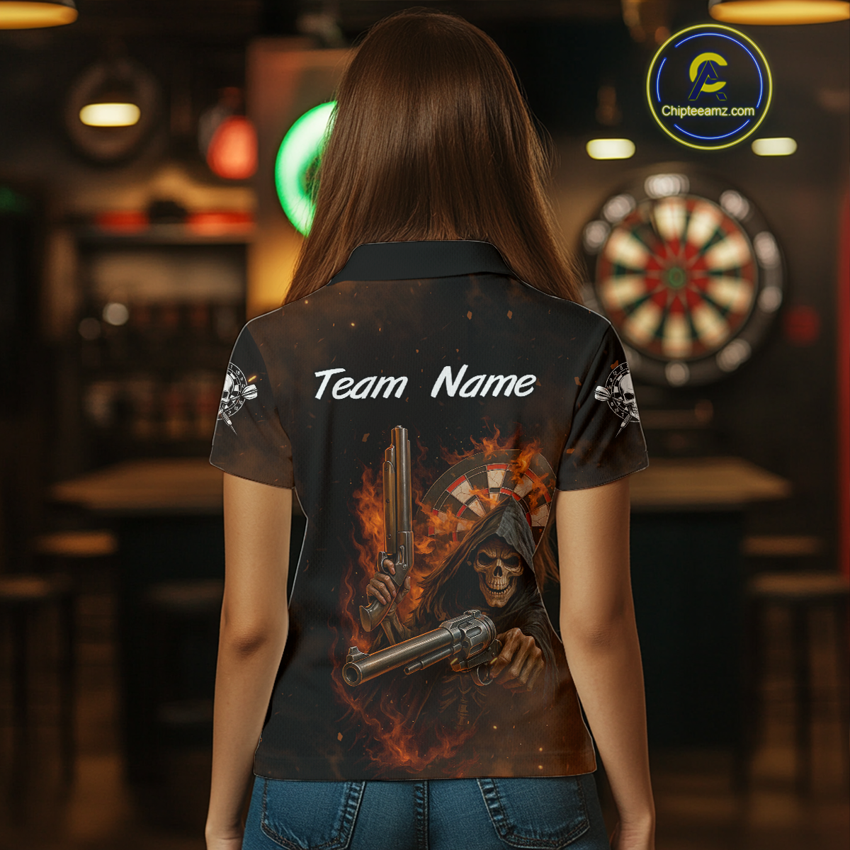 Flaming Grim Reaper Custom Name Darts Jersey For Women Skull Darts Shirt For Players NYN0447