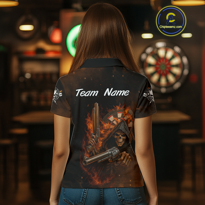 Flaming Grim Reaper Custom Name Darts Jersey For Women Skull Darts Shirt For Players NYN0447