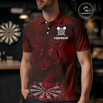 Red Galaxy Tiger Dartboard Men's Darts Team Shirt - Custom Name For Darts Jersey NYN0467