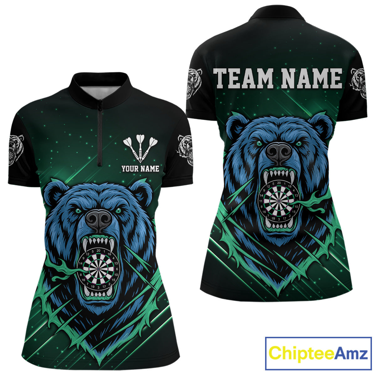 Custom Green And Blue Bear Dartboard 1/4-Zip Dart Shirt For Women Outfit Dart Team Jersey NYN1334