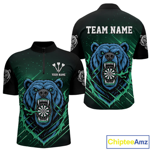 Custom Green And Blue Bear Dartboard 1/4-Zip Dart Shirt For Men Outfit Dart Team Jersey NYN1334